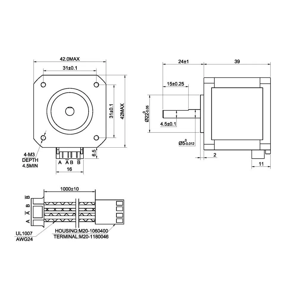 STEPPERONLINE NEMA 17 motor paso a paso bipolar 45Ncm 1.5A 12V 42x39mm 4 cables con conector de 1 metro PIN para impresora 3D, paquete de 5
