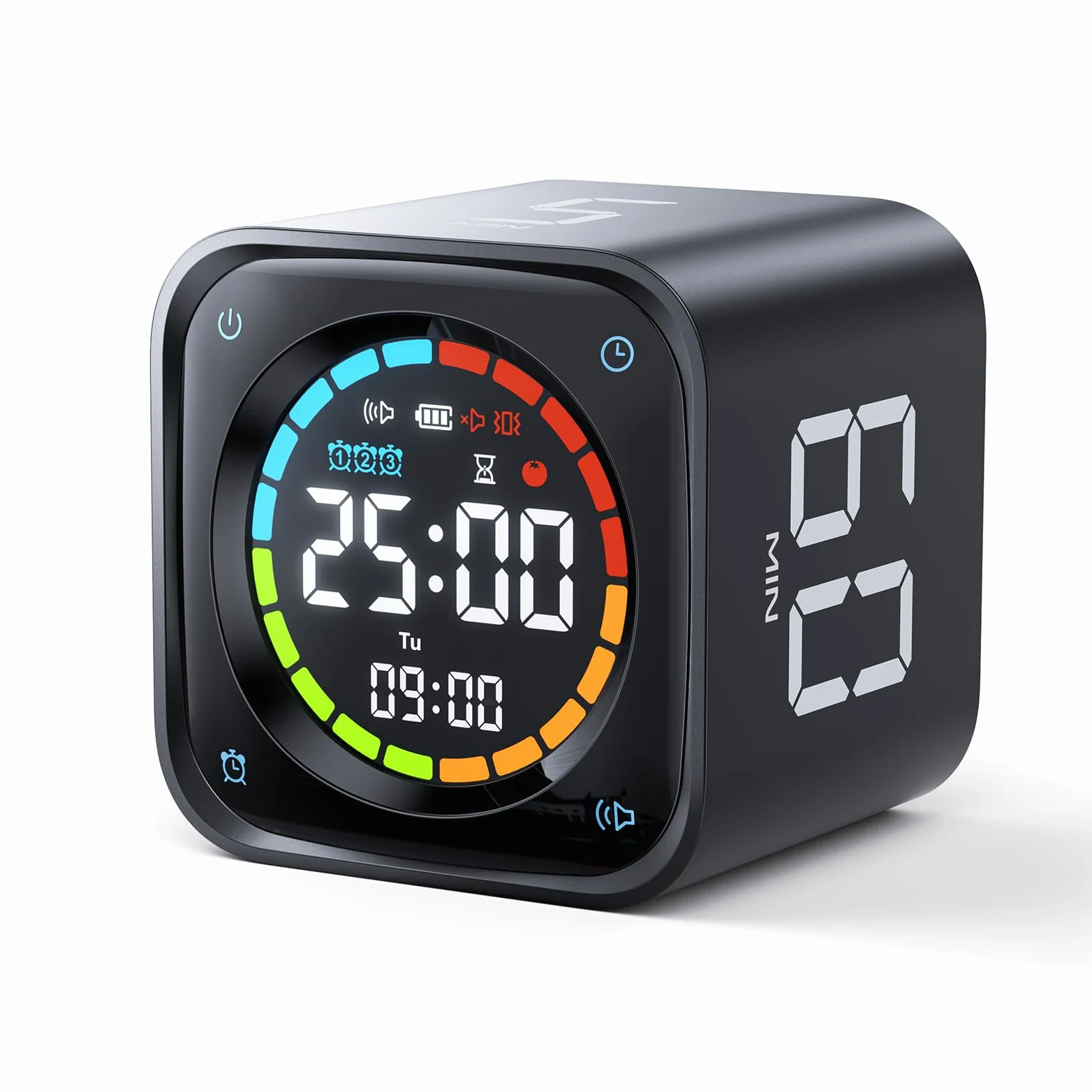 Ticktime TK3 Temporizador Pomodoro con Presets 5/10/30/60 Min, Cuenta Regresiva, Cronómetro y Reloj LED, 3 Alarma, Vibración/Silencio/Sonido, Recargable, para TDAH Oficina Estudios Tareas, Negro