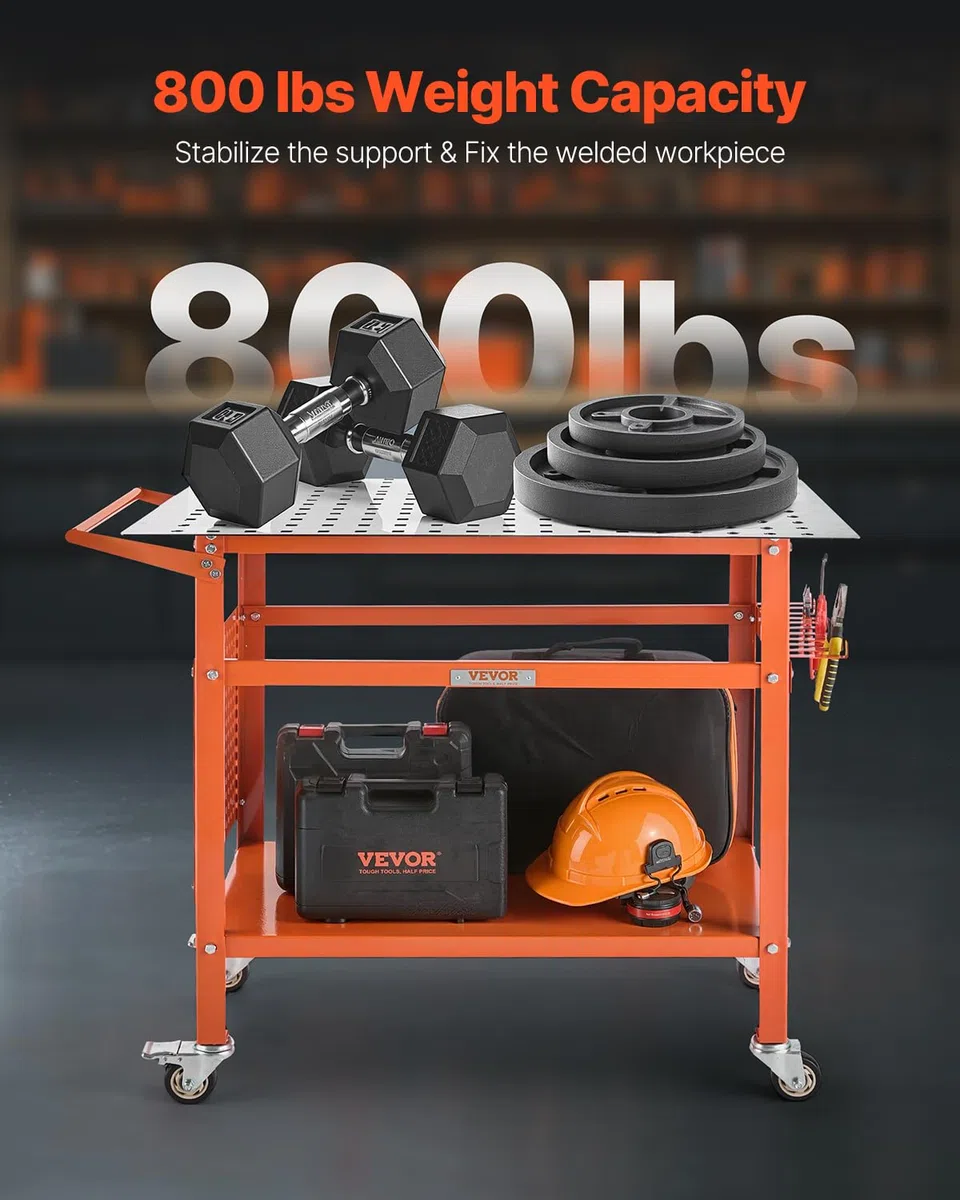 VEVOR Mesa de Soldadura con Capacidad Peso Estático de 362,8 kg, Banco de Trabajo de Acero Móvil con 4 Ruedas(2 con Freno), Tablero de Almacenamiento de Doble Capa y Orificios, 1016 x 609,6 x 914,4 mm