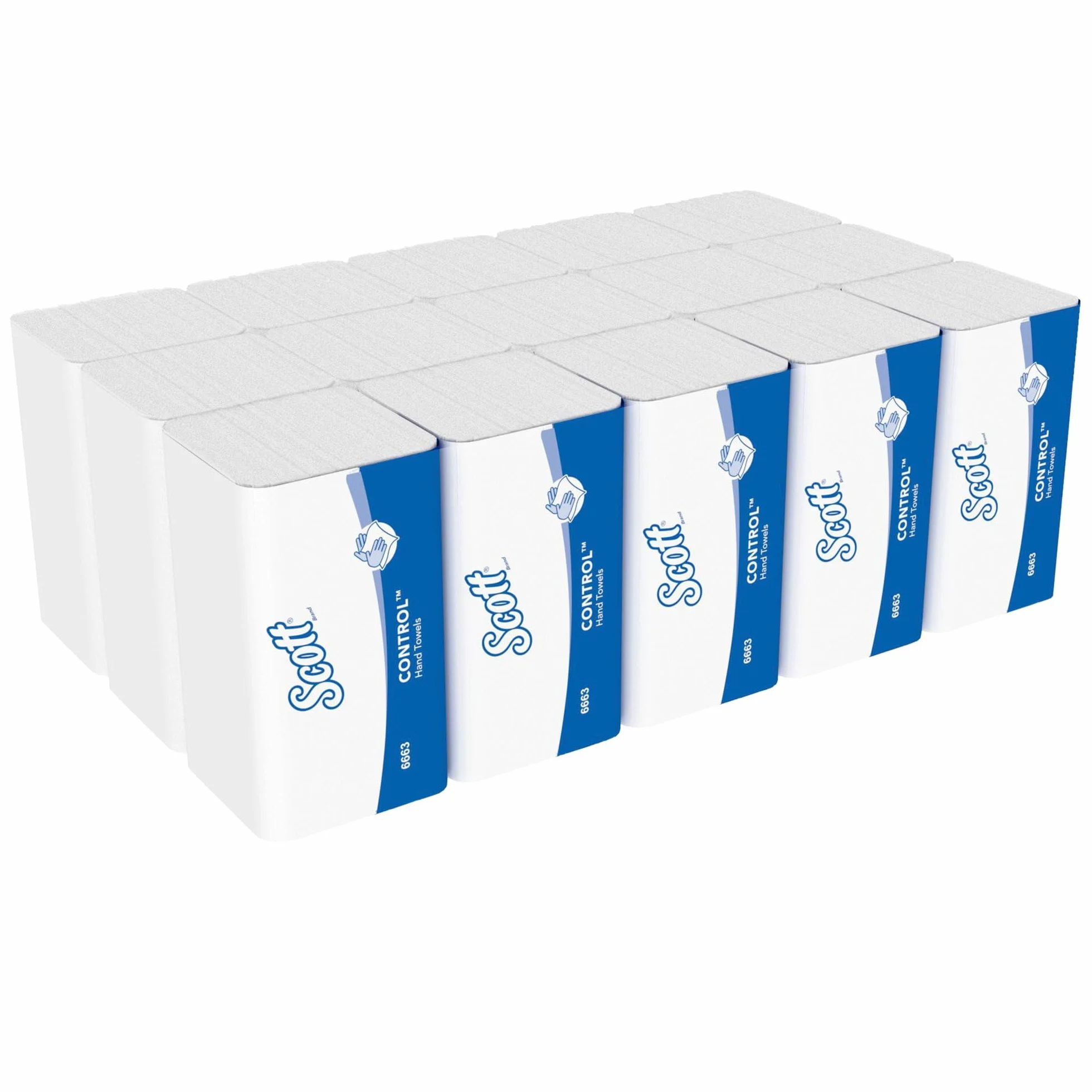 Scott Control Secamanos interplegados 6663, Papel secamanos plegado en M, 1 Capa, Absorbente y Resistente, 15 Paquetes x 212 Hojas de Papel Blancas (3.180 en total)