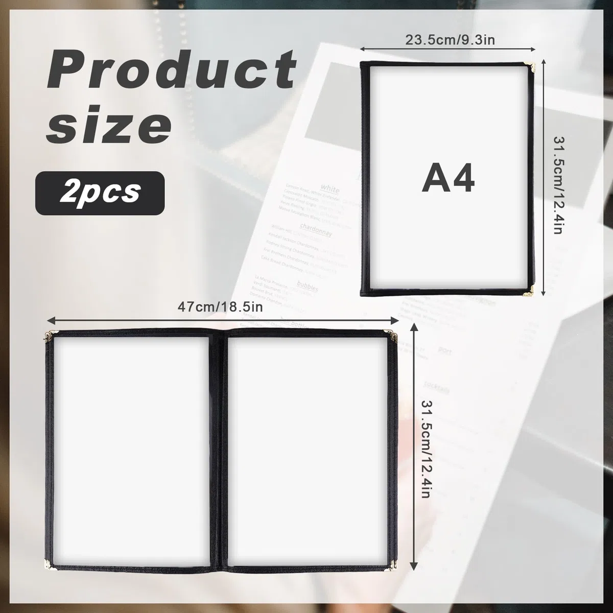 2 Piezas Fundas para Menú, 30x21cm Fundas para Menú de Restaurante Vista de 4 Páginas y 8 Vistas Fundas para Menú Transparentes Se Adapta a Papel Tamaño A4 para Restaurante Hogar (Negro)