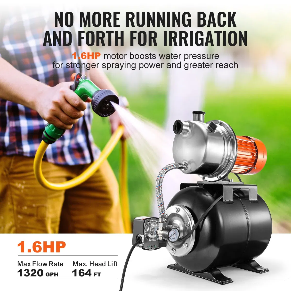 VEVOR Bomba para Pozos Poco Profundos de 1176 W 5600 L/H Con Tanque de Presión de 19 L - Refuerzo de Agua de Riego Automática Con Cabezal de Acero Inoxidable para Césped de Jardín