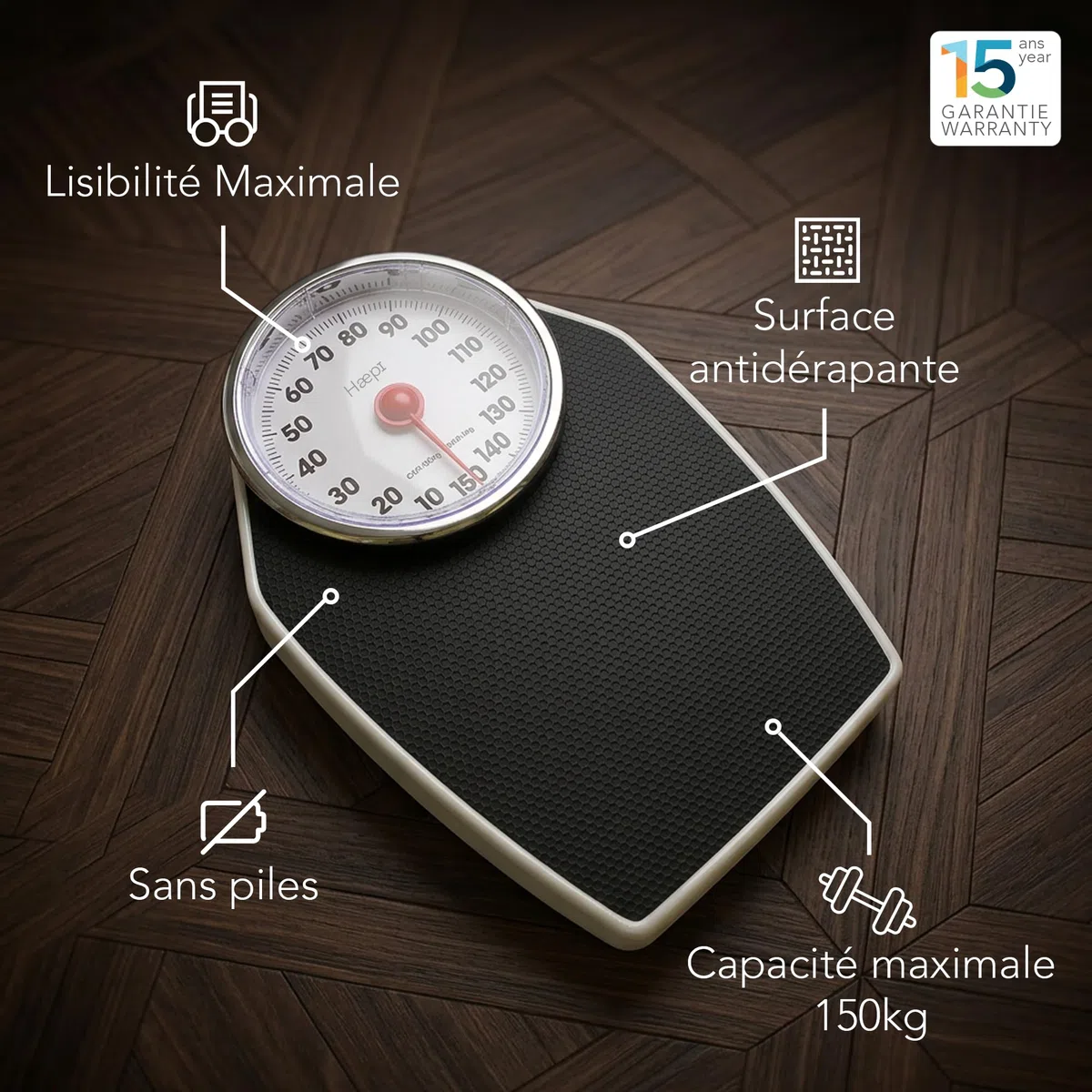 Báscula mecánica con gran bandeja antideslizante, aguja roja fácil de leer, diseño retro, capacidad 150 kg, equilibrio fiable y precisa para el cuarto de baño