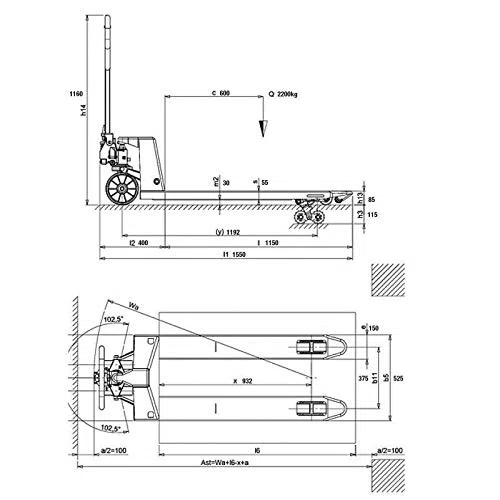 Transpaleta Manual 2500 kg, Horquillas 1150x525 mm, Ruedas Poliuretano/Rodillos Nylon