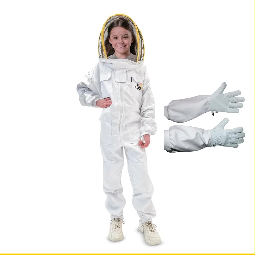 Best Bee - Apicultor infantil (160 cm) de tejido grueso y algodón de alta calidad, con cremallera resistente, guantes de piel, bolsillos: ropa antiabejas, ropa XS