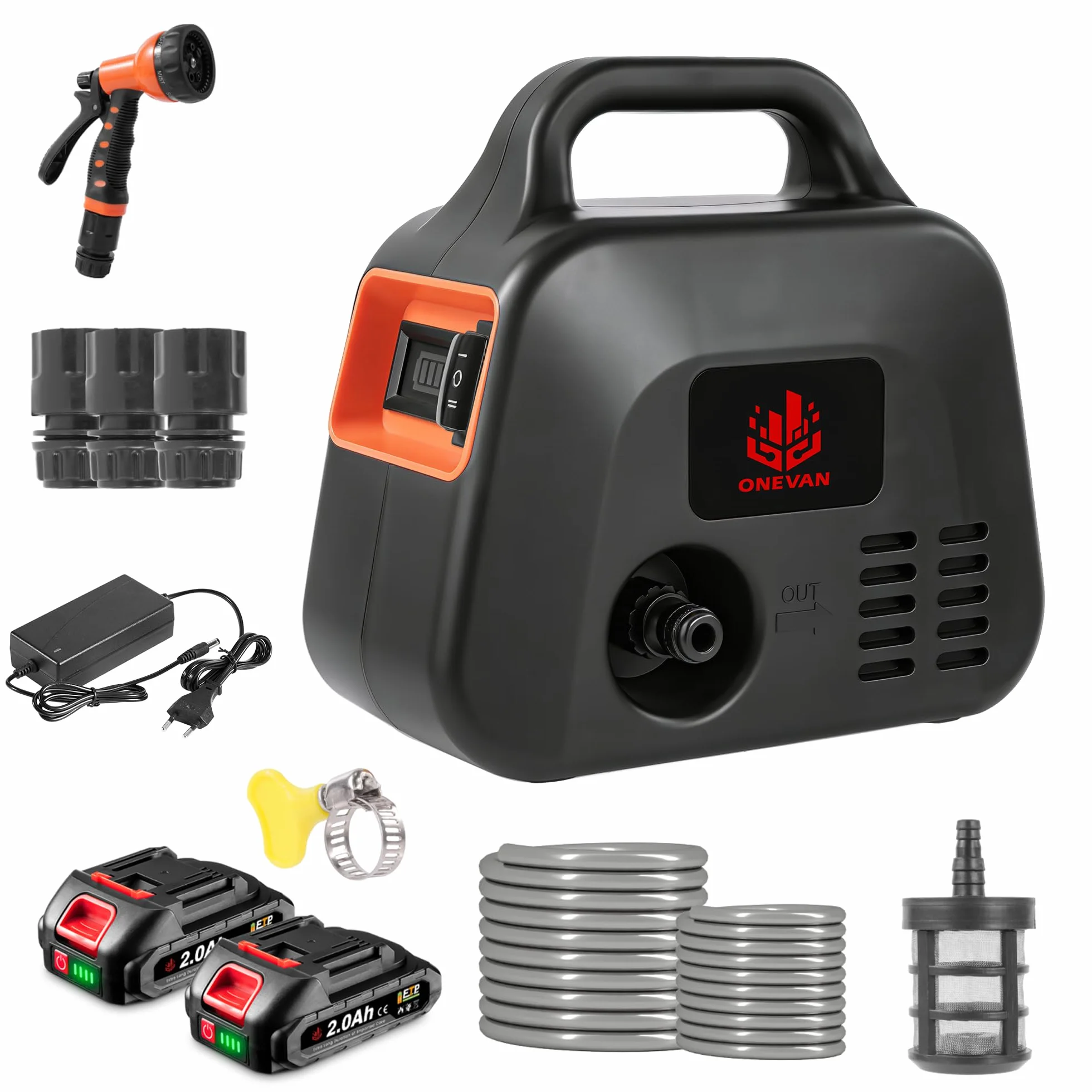ONEVAN Bomba de Agua con batería 600L/h, Bomba eléctrica de jardín con indicador de Potencia, 2 baterías 2000mAh, 2 velocidades, Bomba de batería, Incluye Boquilla 7 en (Negro, Estándar)