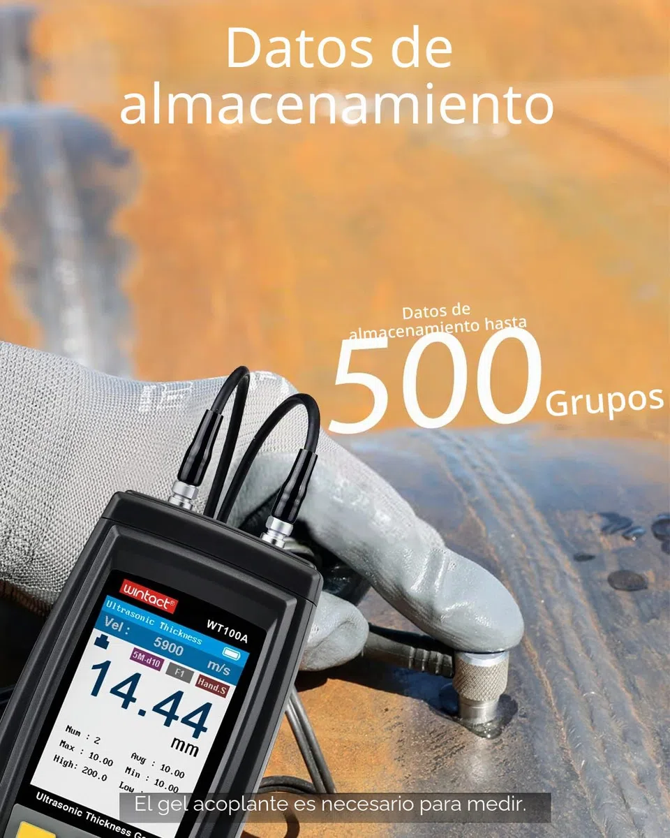 Medidor de espesor ultrasónico digital Wintact, rango de 1.00 a 300mm con sonda para medir materiales metálicos y no metálicos, acero, paredes de cilindros, plástico, vidrio, PVC, tuberías (WT100A)