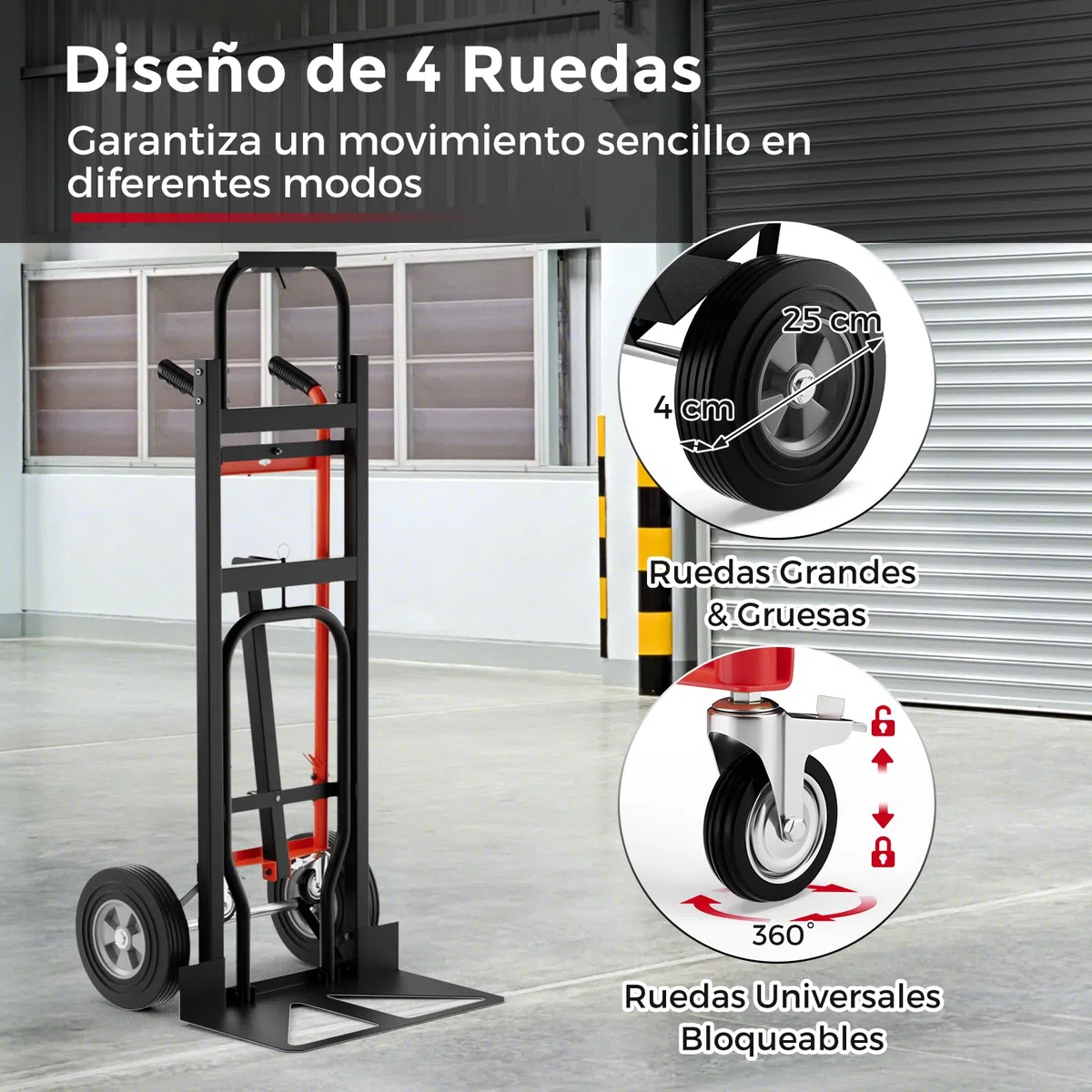COSTWAY 3 en 1 Carretilla de Mano Plegable, Carretilla de Transporte Convertible con 4 Ruedas de Goma, Cuerda de sujeción, Carretilla de Carga Industrial con Plataforma Plegable, Carga 450 kg (Rojo)