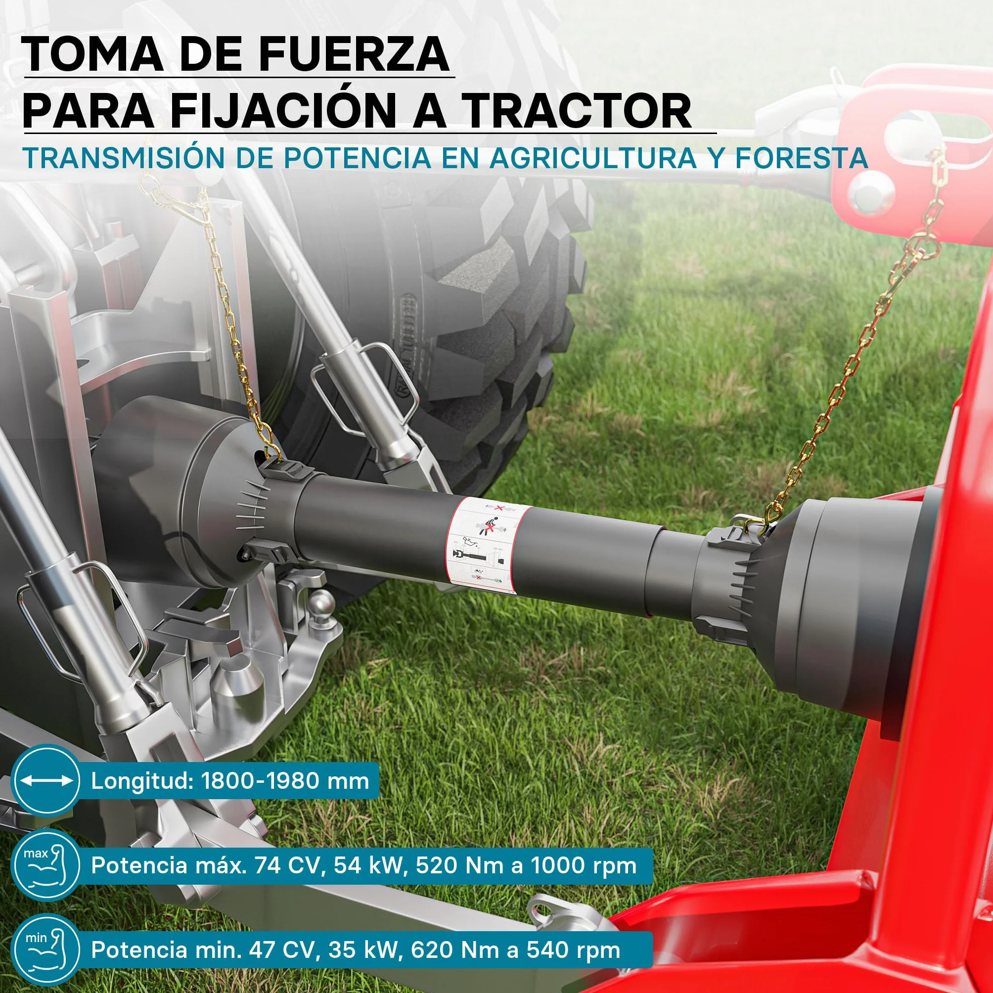 WilTec Toma de Fuerza T5 Eje transmisión cardán 1800-1980mm 620Nm 540rpm PTO 54kW 74CV 2X 1 3/8" 6 dientes