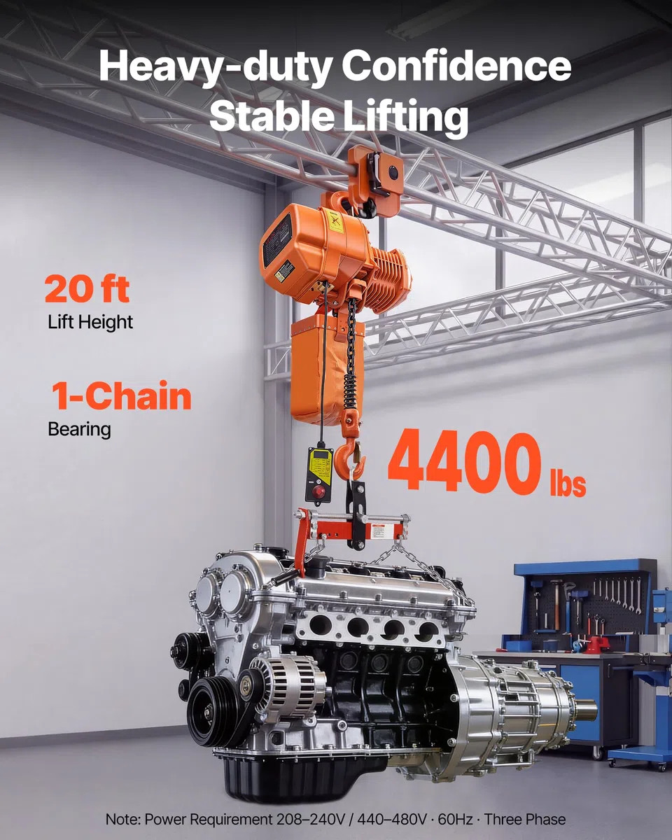VEVOR Polipasto Eléctrico de Cadena Carga 2000 kg, Trifásico 380-415 V, 50Hz, Elevación de 6m, Cadena G100, Velocidad 6,6 m/min con Control Remoto Inalámbrico 100 m para Motor Garaje Reparación Taller