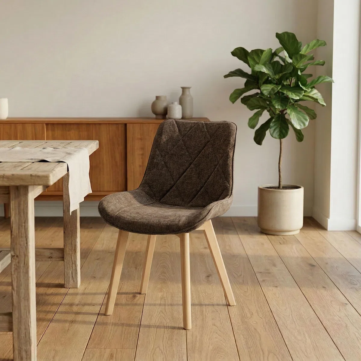 Juego de 4 Sillas de Comedor Tapizadas de Lino con Patas de Madera Maciza, Color Marrón