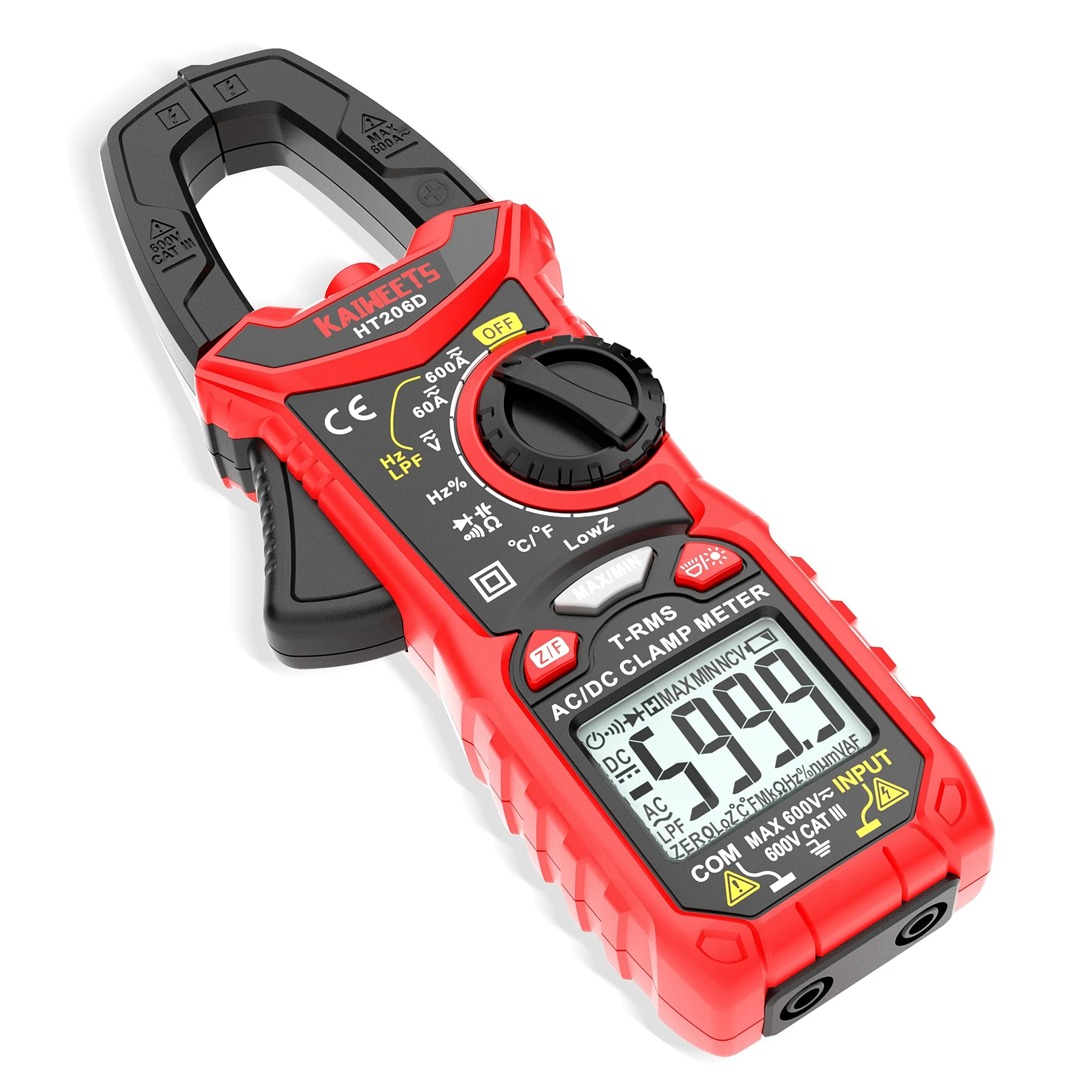 KAIWEETS HT206D Digital Pinza Amperimétrica Profesional para medir 600A CA/CC Corriente y Tensión con 6000 Cuentas, Valor Real, Autorango, NCV, Pinza de Capacitancia, Resistencia, Bateria