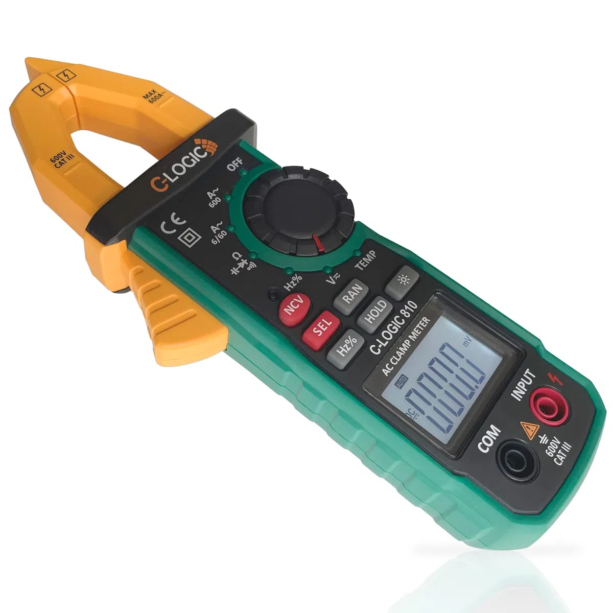 C-LOGIC 810 Pinza Amperimétrica Digital Profesional 6000 Cuentas NCV y Luz de Trabajo Tensión AC/DC 600V Corriente AC 600A Resistencia Capacitancia Frecuencia Temperatura Apertura 26mm. CAT III
