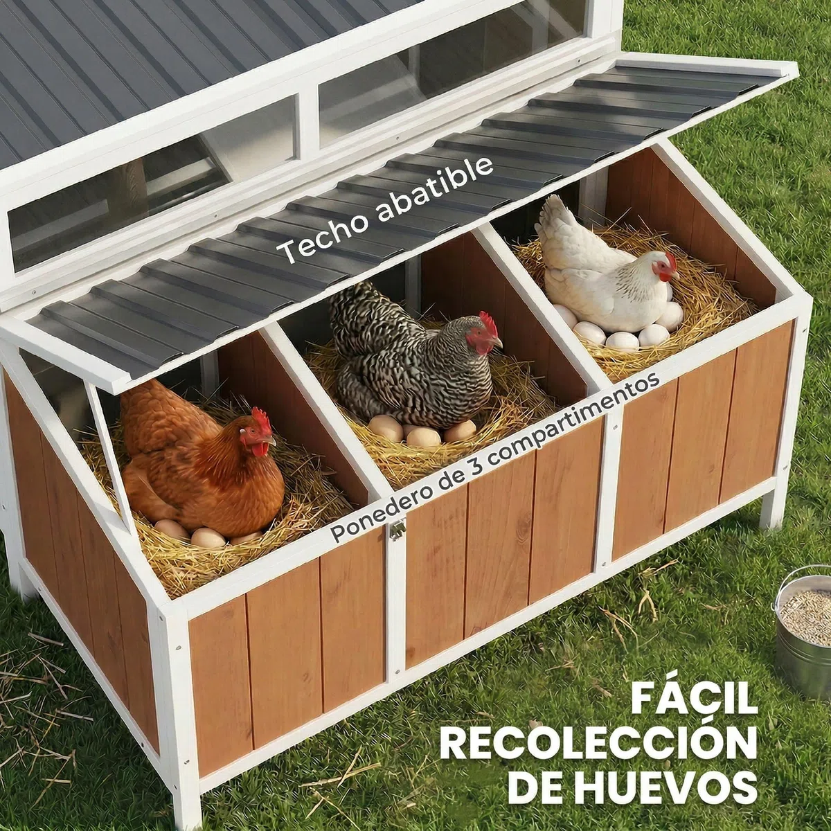 PawHut Gallinero para Exterior de Madera, 145x90x92 cm para 2-4 Gallinas, Gallinero con Nido, Casa Lateral, Bandeja Extraíble, Techo Impermeable, Puertas con Cerradura, Perchas, Conejera, Marrón Claro