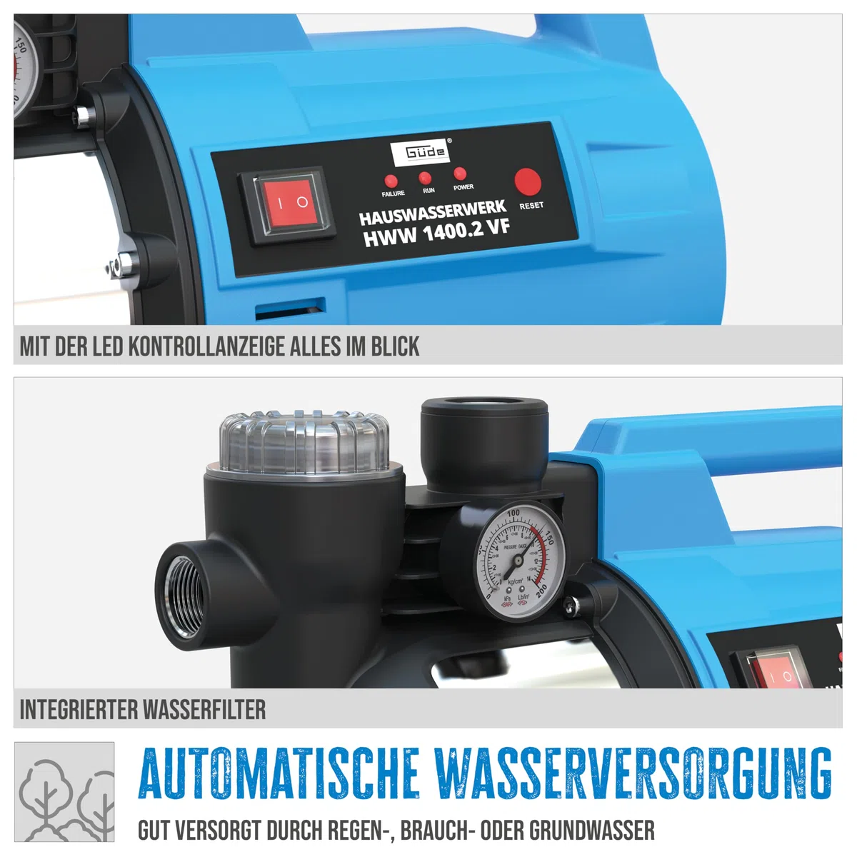 Güde Hauswasserwerk HWW 1400.2 VF (1400 W, Capacidad de la caldera: 24 L, Capacidad de extracción: 4800 l/h, Altura de extracción: máx. 48 m, Altura de aspiración: máx. 8 m, Rueda norilo, depósito de