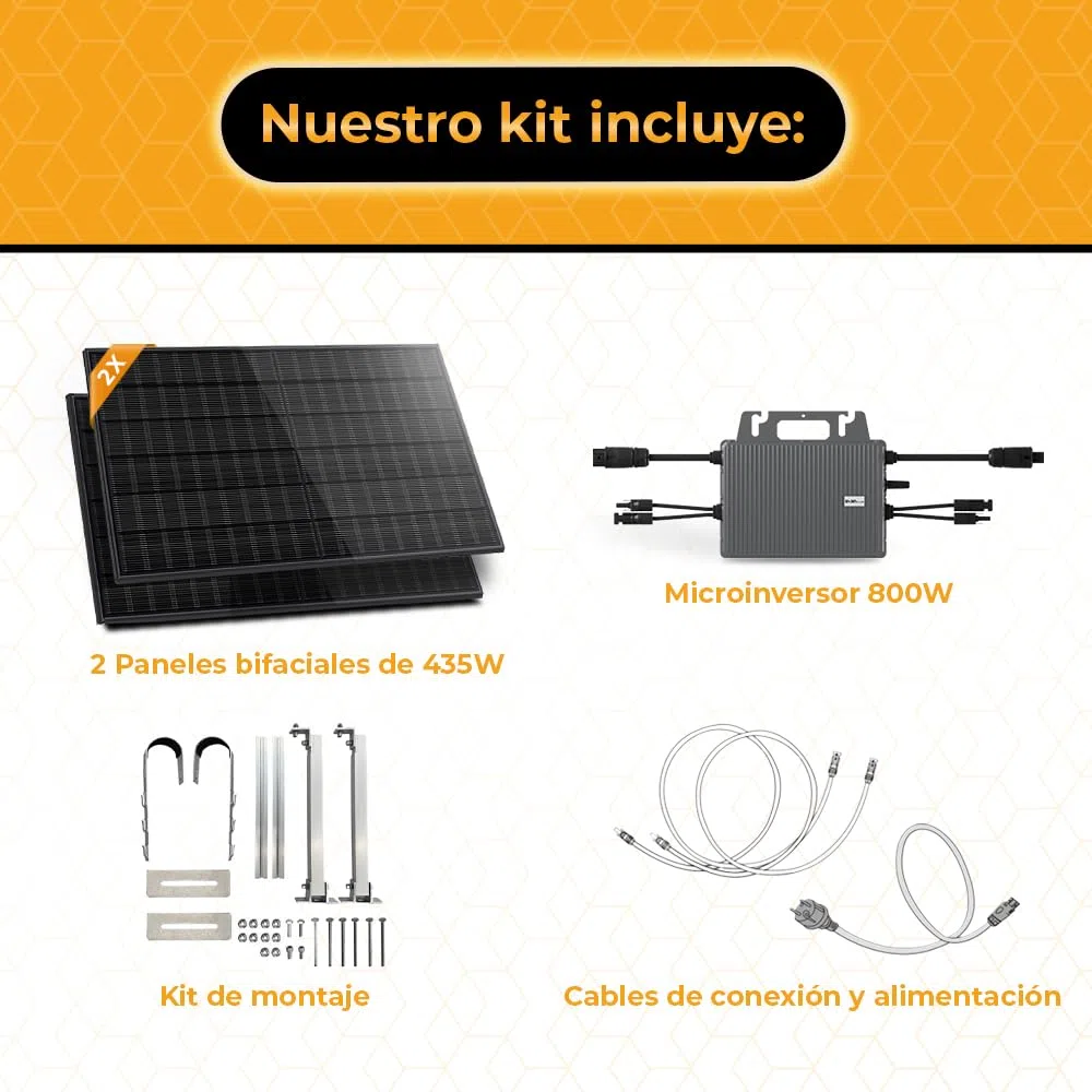 Kit Solar Balcón Svan con 2 Paneles Solares Bifaciales de 435W, Microinversor Wifi 800W, Plug & Play, Control desde APP, Protección IP68, Soporte de Montaje, Uso Exterior