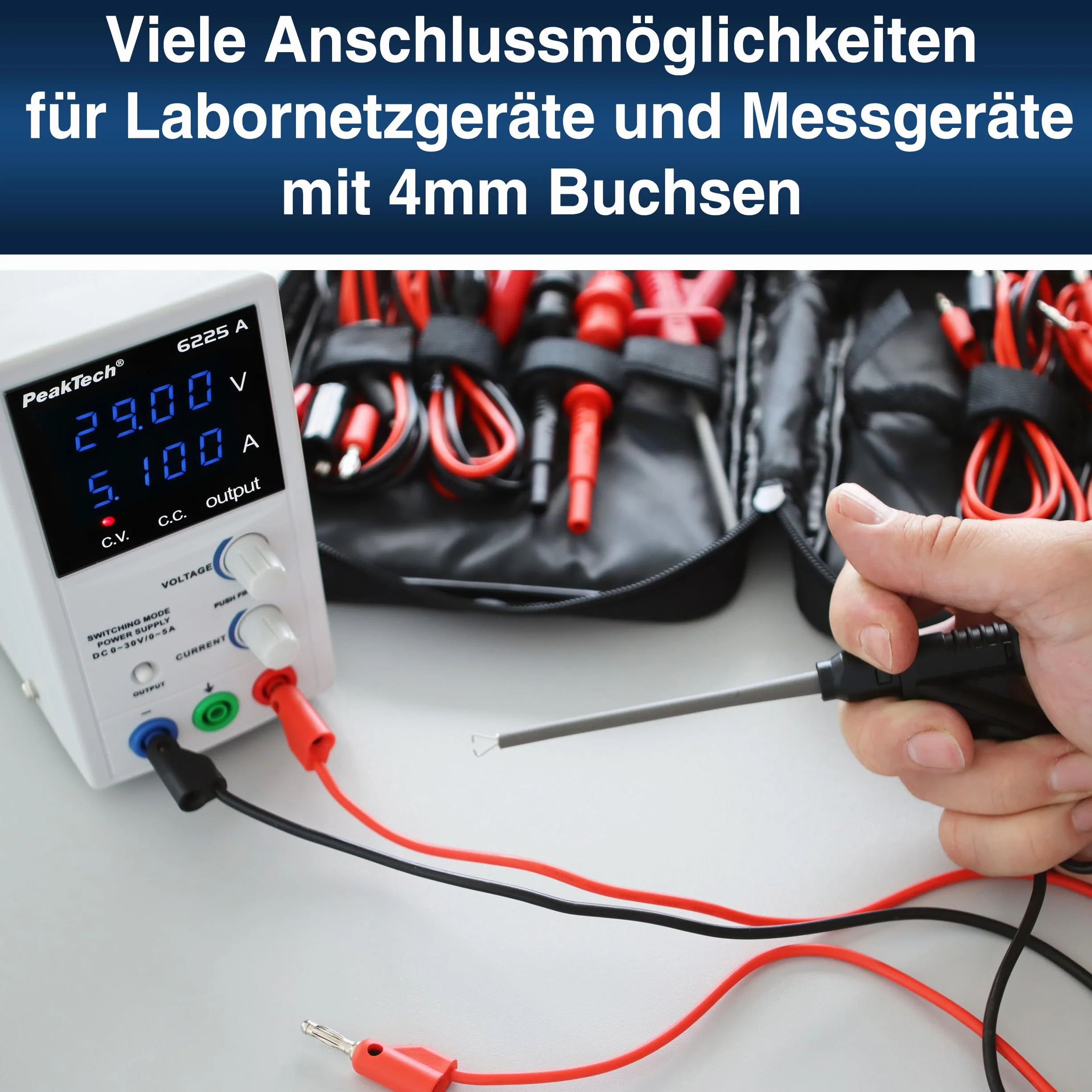 PeakTech, P 8201, Juego de cables de medición de 19 piezas para fuente de alimentación de laboratorio y multímetro, Con puntas de prueba, cable con conector banana, pinzas cocodrilo