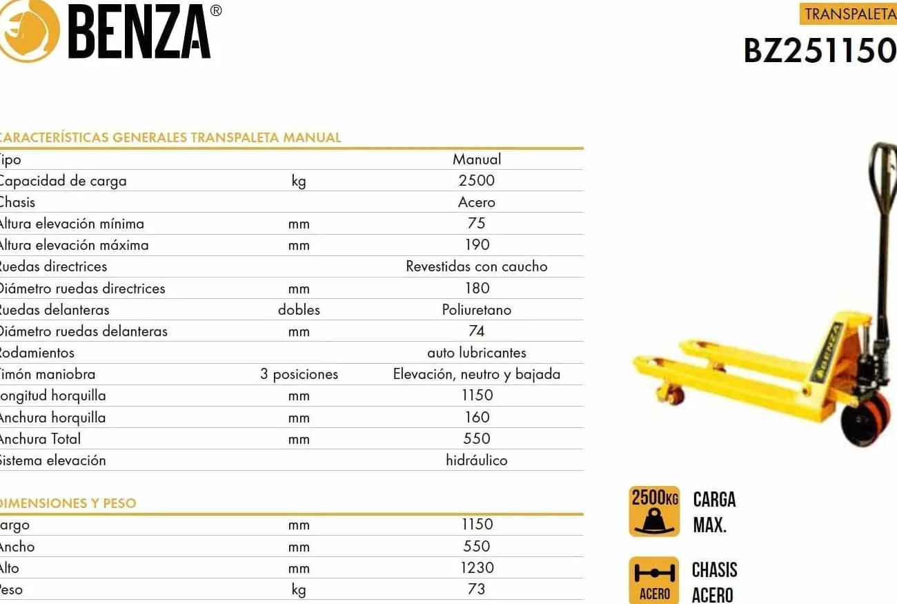 Benza Transpaleta BZ251150 Horquilla Larga, (Carga 2500 kilos, Horquillas Altura 75 – 190 mm, Estructura en Acero)