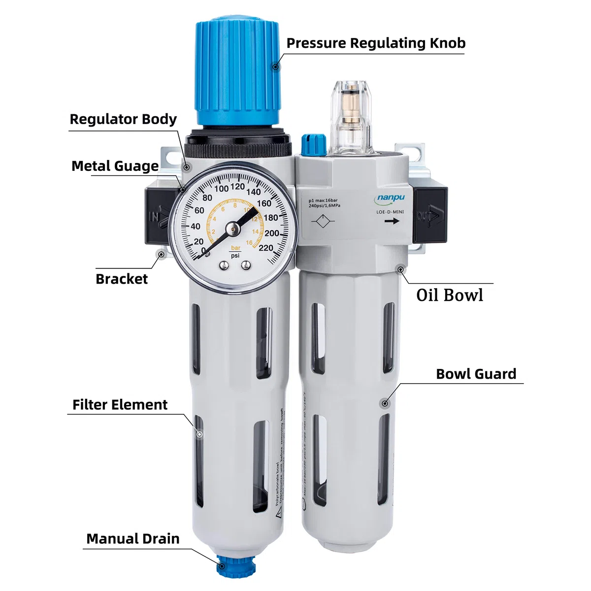 NANPU 3/8" BSP Filtro, Regulador y Aparato Lubricante de Aire, Alta Presión, Aleación de Zinc, Elemento de Latón de 5 μm, Drenaje Semiautomático, Soporte de Metal, Manómetro de 0-10 Bar