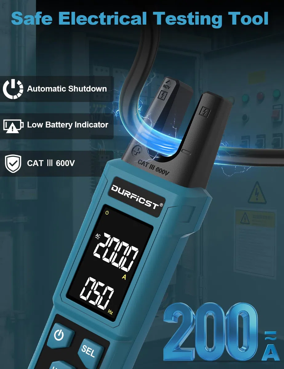 Pinza Amperimétrica Digital DURFICST de 4000 Cuentas, TRMS Amperímetro de Pinza con Medición de Corriente AC/DC de 200 A y Voltaje de 600 V, Prueba NCV, Medición de Capacitancia, Temperatura