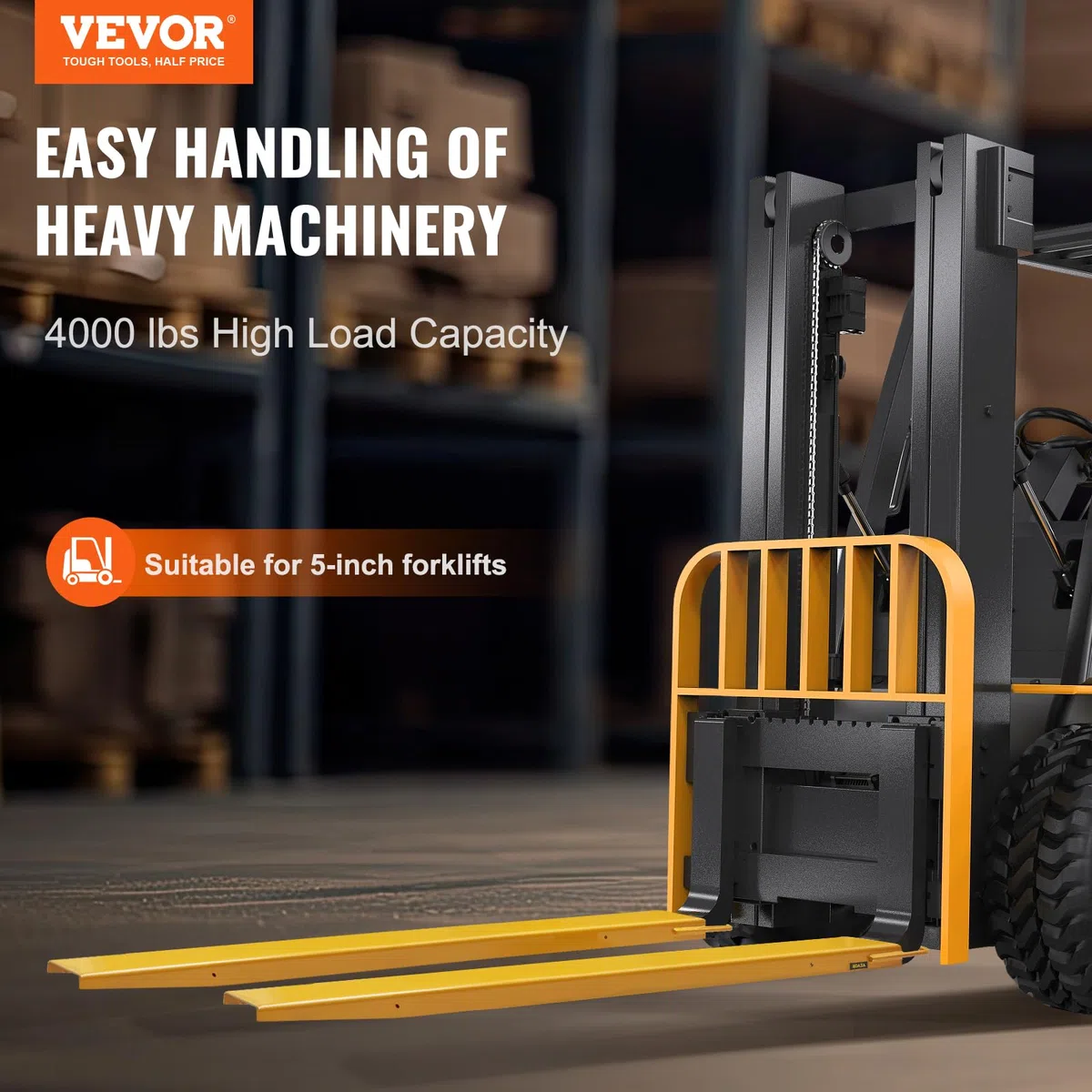 VEVOR Abrazadera de Horquillas de Tractor 1820x140 mm 1 Par de Acero al Carbono Abrazadera en Horquillas de Paletas Carga de 1815 T para Mover y Transportar Cargas Pesadas y Voluminosas, Amarillo