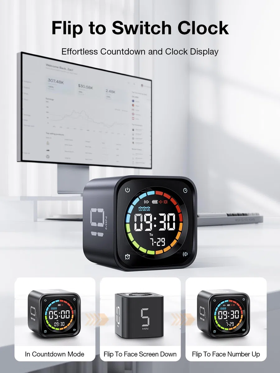 Ticktime TK3 Temporizador Pomodoro con Presets 5/10/30/60 Min, Cuenta Regresiva, Cronómetro y Reloj LED, 3 Alarma, Vibración/Silencio/Sonido, Recargable, para TDAH Oficina Estudios Tareas, Negro