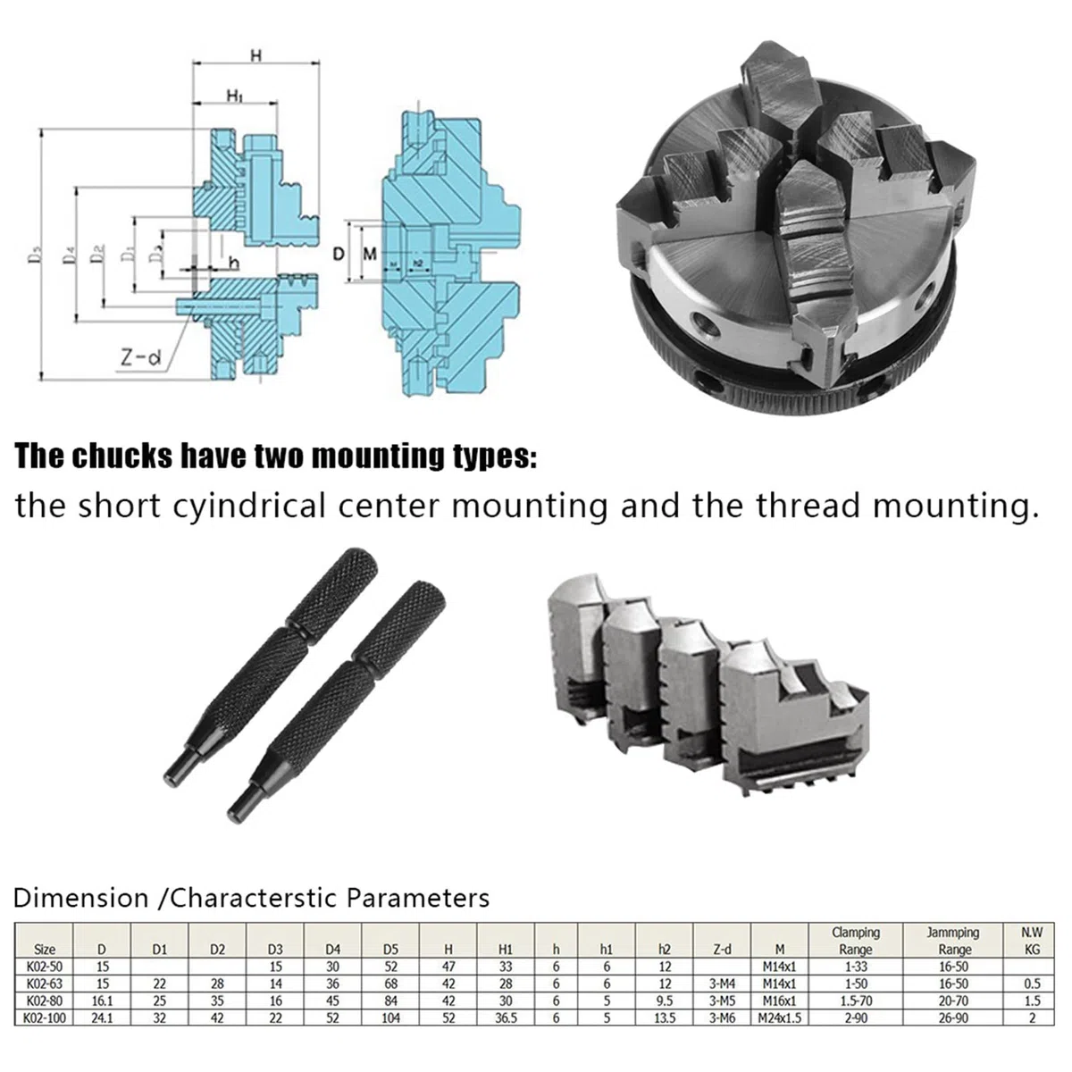 Lathe Chuck, madera Lathe Chuck 50 mm Mini, 50 mm mini 4 Jaw Reversible Auto centrado M14 Montaje de montaje de hilo Manual Chucks