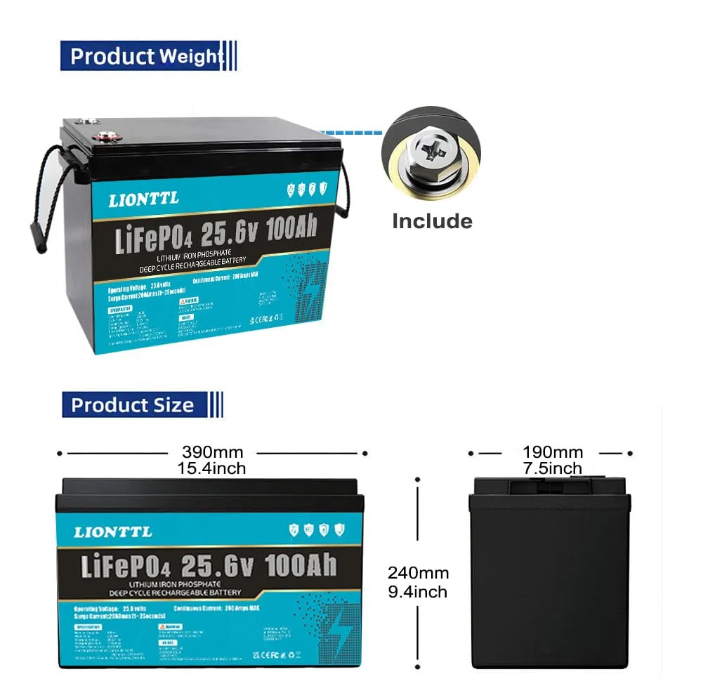 Baterías de Larga duración,Batería LiFePO4 Batería LiFePO4 de 24V (25,6V) 100Ah, batería de fosfato de Iones de Litio Recargable de Ciclo Profundo 5000+ con BMS, Sistemas solares fotovoltaicos y más
