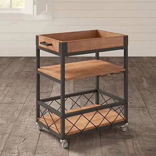 Carrito de servicio de bar de madera, carrito móvil de hierro y madera para servir bebidas de vino y bebidas en hoteles, restaurantes, cocinas y clubes