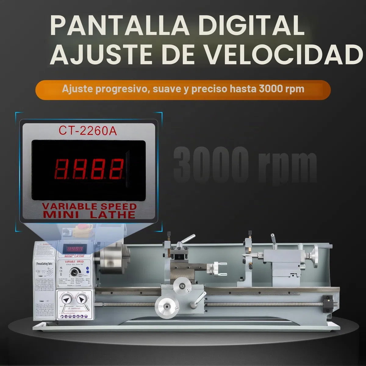 CREWORKS 1100W Mini Torno de Metal de Bancada 220x600mm 9"x24" de Alta Precisión con Portabrocas de 3 Mordazas y Velocidad de Husillo Máx. 3000 RPM Pantalla LCD para Roscado, Torneado, Taladrado