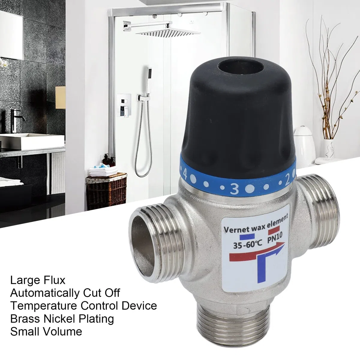 Válvula de agua mezcladora termostática de 3 vías, dispositivo de control de temperatura de corte automático Válvula mezcladora de flujo grande(G3/4")
