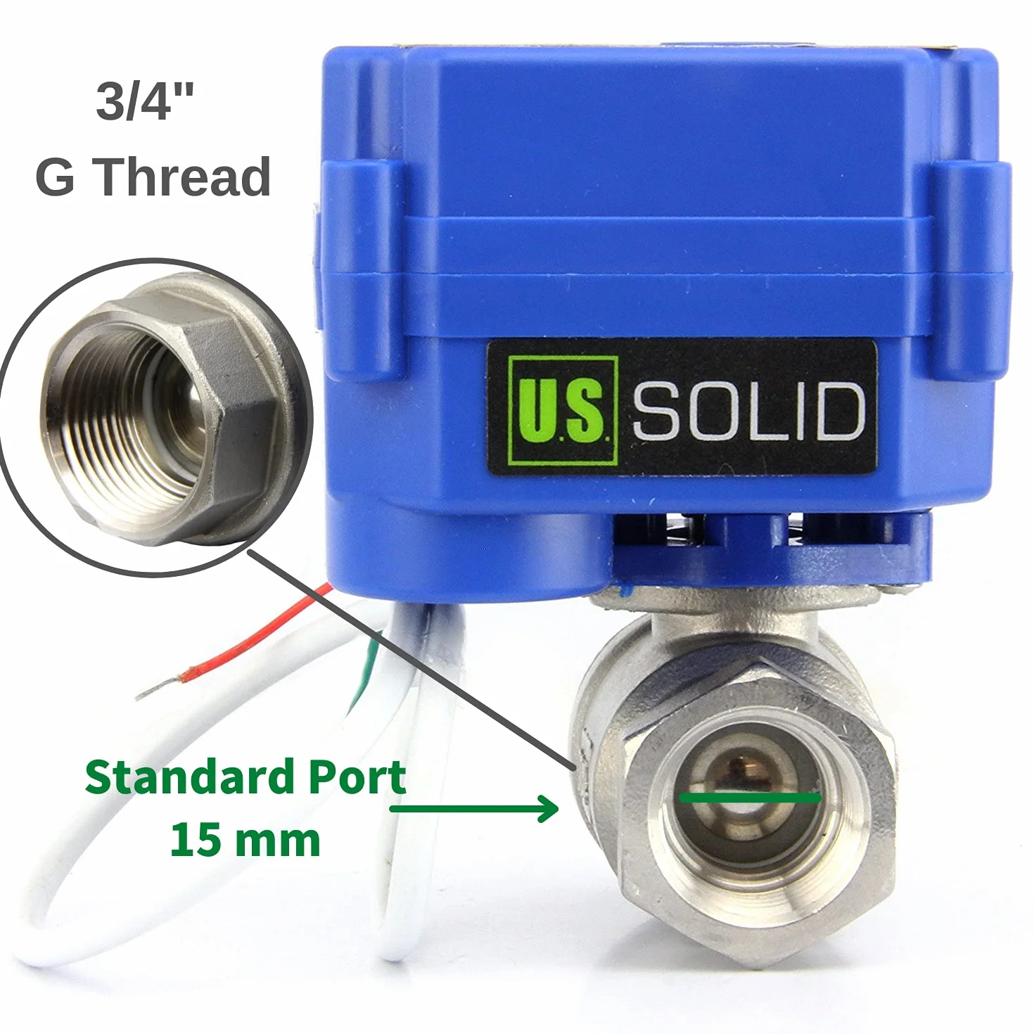 U.S. Solid Válvula de bola motorizada 3/4", acero inoxidable, válvula de bola eléctrica, abierta sin corriente, DN20, 220 V AC (85V-265V AC), 2 cables, dispositivo de retorno