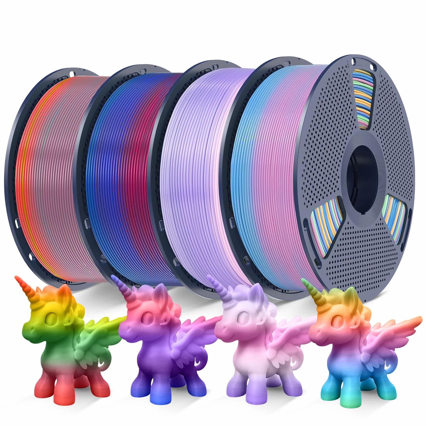 SUNLU Filamento PLA Arcoíris Multicolor Bundle, Filamento PLA con Degradado de Color para Impresora 3D 1,75 mm ±0.02 mm, Peso Total 4KG, 1KG por Carrete, 4 Carretes.