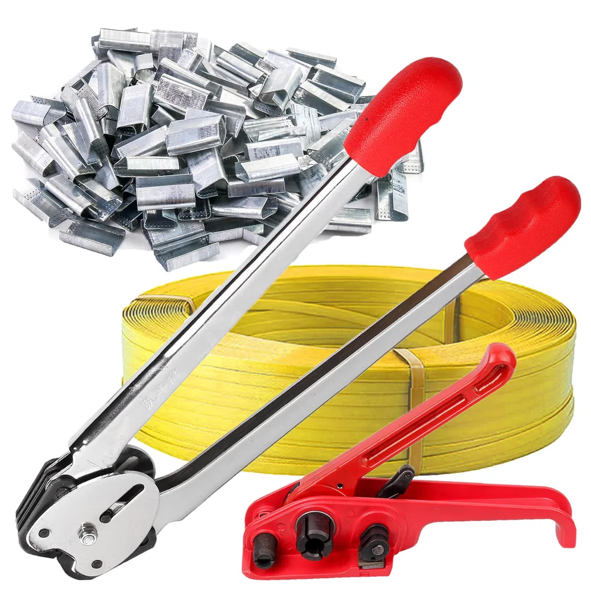 tensor de fleje+sellador de flejes + cinturón de embalaje de 100 m + clips de flejado de paletas 50 piezas, kit de bandas de flejado para correa de flejado de 1/2-3/4 "PET/PP