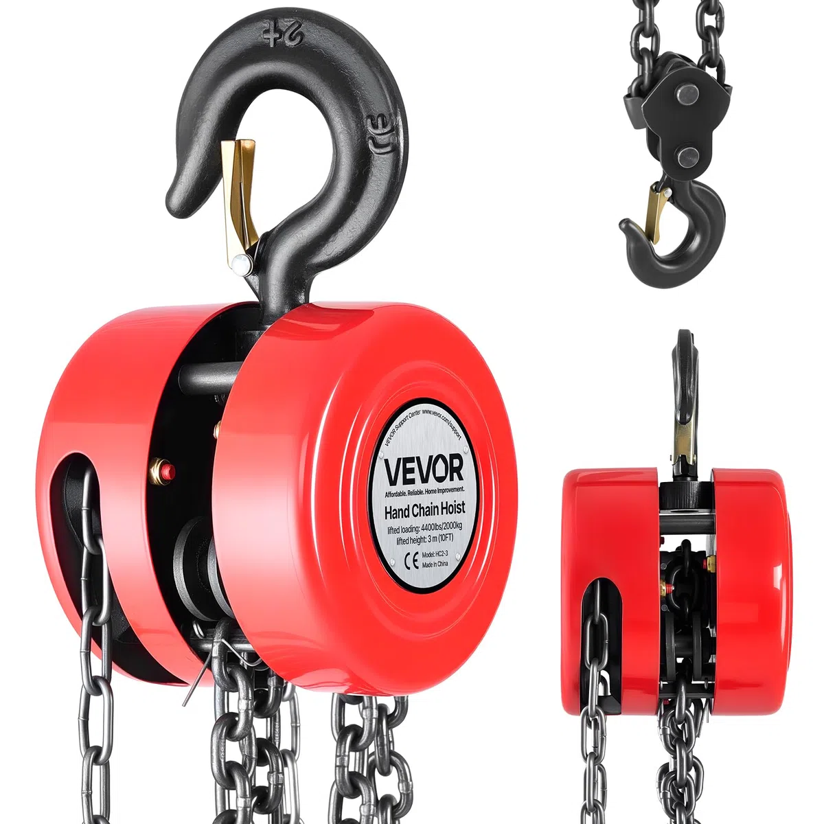 VEVOR Polipasto de cadena manual, Polipasto de Polea Redondo con Cadena Galvanizada G70 Mejorada, Altura de Elevación de 3 m Carga de 2 T para Garaje, Almacén y Maquinaria Automotriz, Rojo