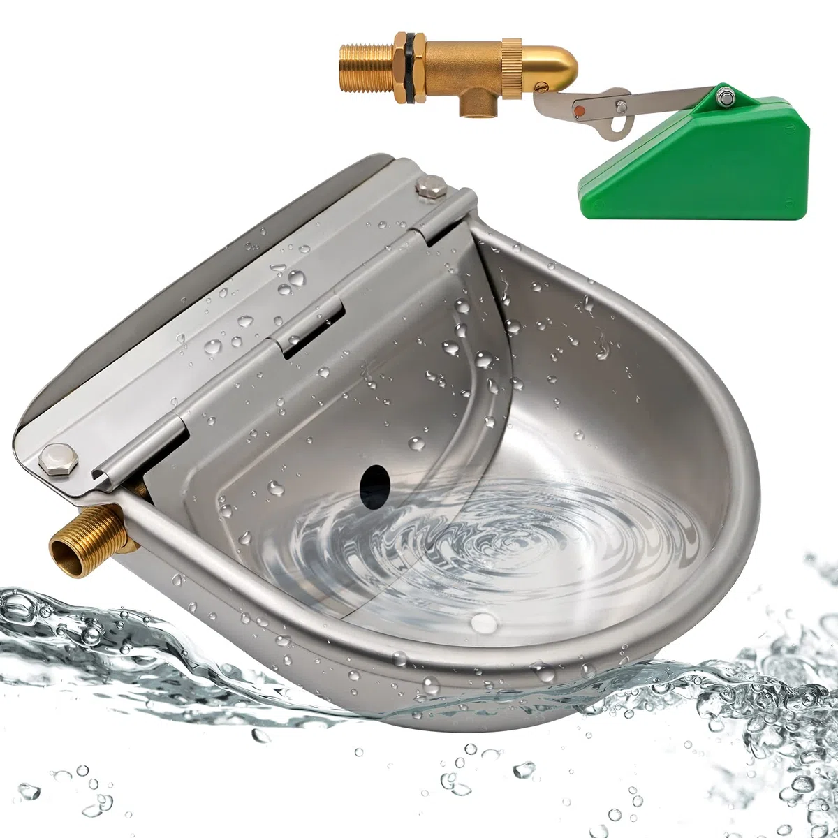 Bebedero Automático de Acero Inoxidable, 2 Válvulas de Flotador de Latón Ajustables con Tapón de Drenaje, Cuenco de Agua para Ganado, Caballos, Perros, Cabras, Ovejas y Cerdos