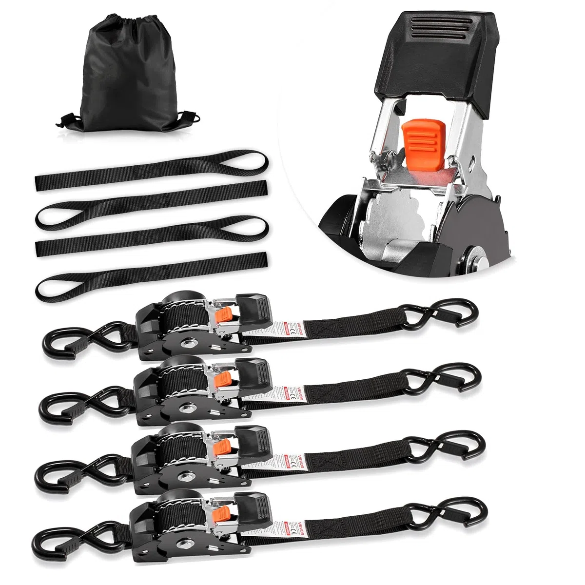 VEVOR Correas de Trinquete Retráctiles, 25,4 mm x 3 m, con Ganchos en S, Resistencia a la Rotura de 544 kg, 4 Bucles Suaves, para Mudanzas, Remolques, Motocicletas, Kayaks, Techo de Coche, 4 uds