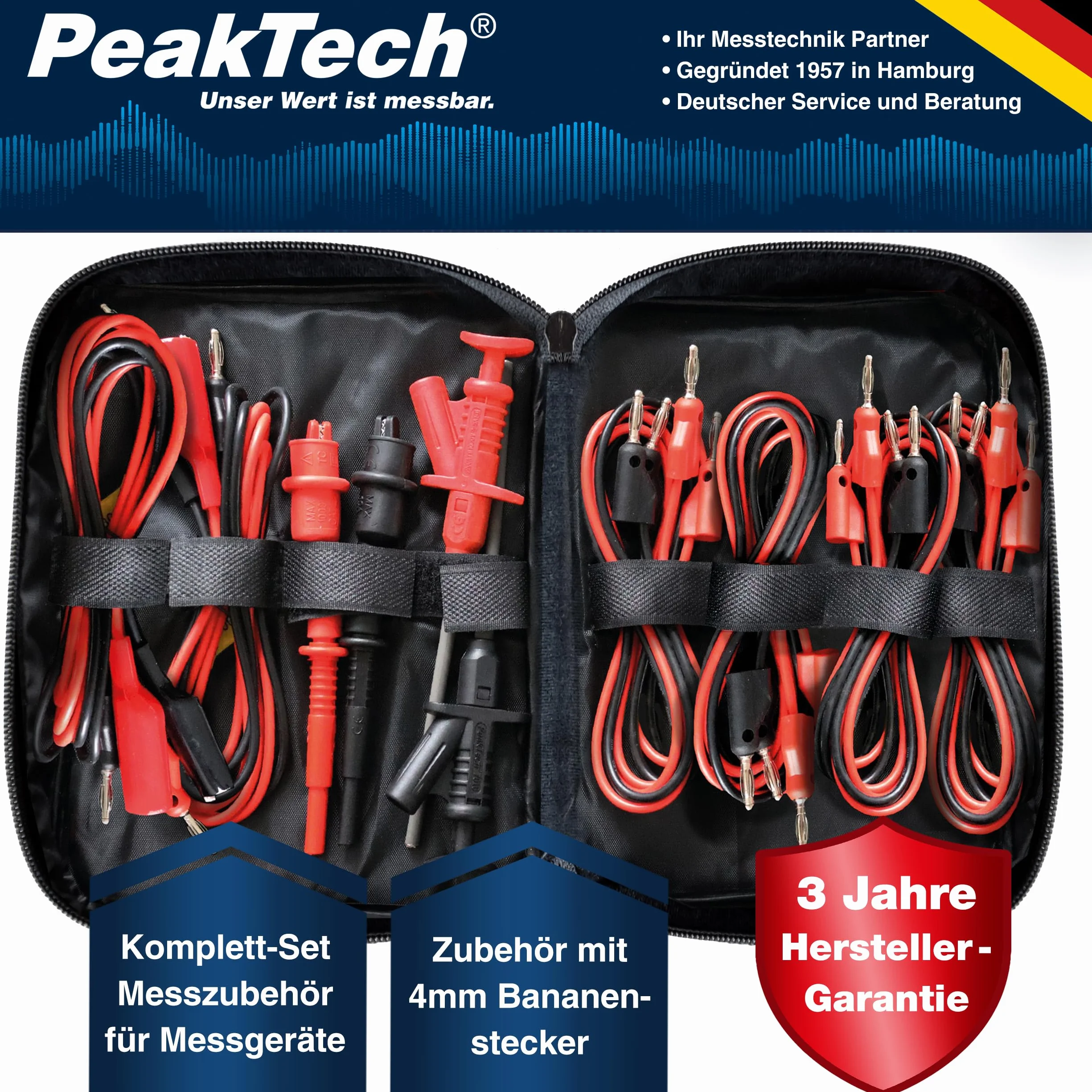 PeakTech, P 8201, Juego de cables de medición de 19 piezas para fuente de alimentación de laboratorio y multímetro, Con puntas de prueba, cable con conector banana, pinzas cocodrilo
