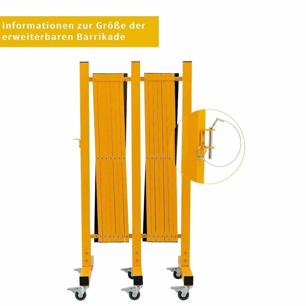Barricada de metal expandible industrial de 7 metros, amarillo y negro, barrera de seguridad fácil de instalar con ruedas, barrera de seguridad móvil flexible, valla de tráfico ajustable
