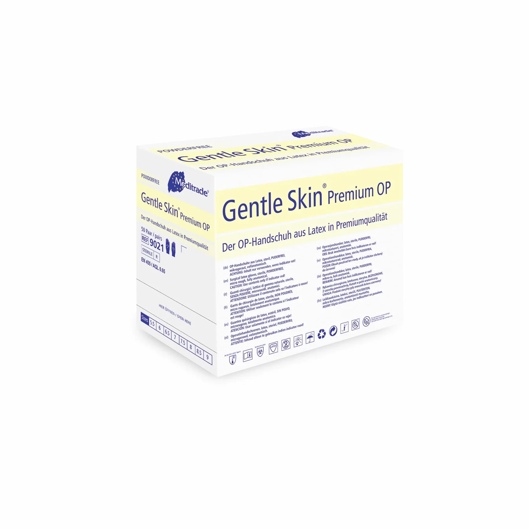 Meditrade 902175 W Guante de látex quirúrgico de piel suave de alta calidad, sin polvo, tamaño 7,5 (paquete de 100)