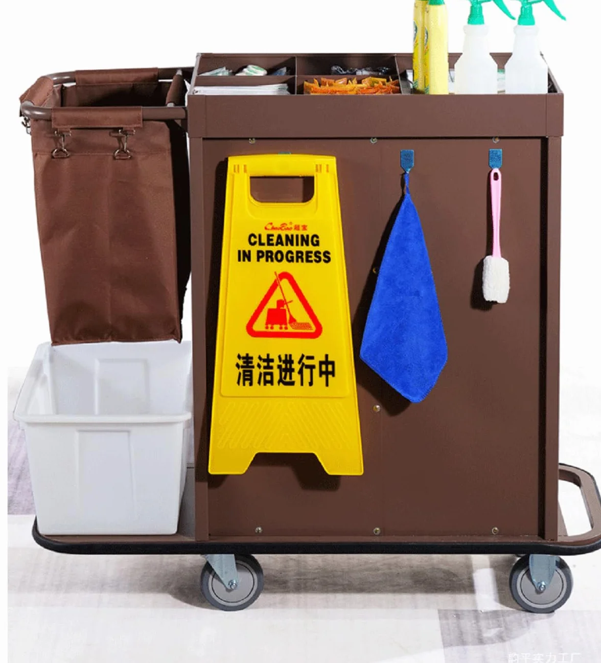 Carrito de hotel con cerradura, carrito de limpieza industrial multifuncional para limpieza doméstica y servicio de habitaciones, soluciones eficientes para una limpieza eficaz