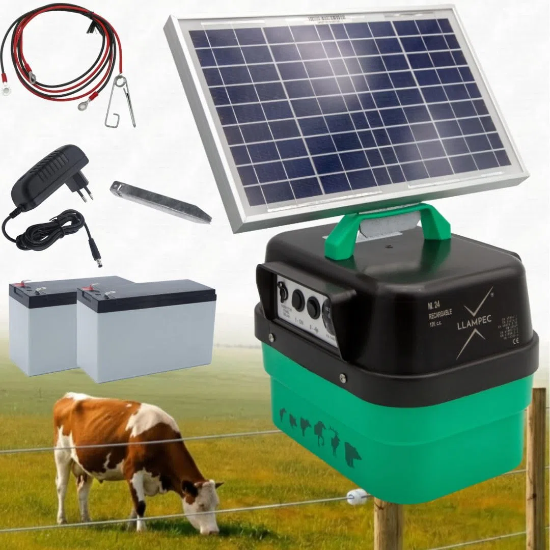 Pastor eléctrico solar Llampec Mod.30S con panel 12V 10W incluido – 3,5 J, 10.000 V y 35 km de alcance – Ideal para mascotas, ganado equino, vacuno, porcino y animales salvajes – Fabricado en España