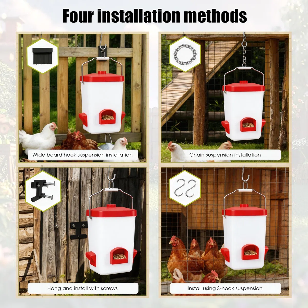 Set Comedero y Bebedero Automático para Gallinas en Blanco y Rojo, Comedero Gallinas Anti Ratas con Manguera de Riego y Kit Completo de Accesorios de Montaje