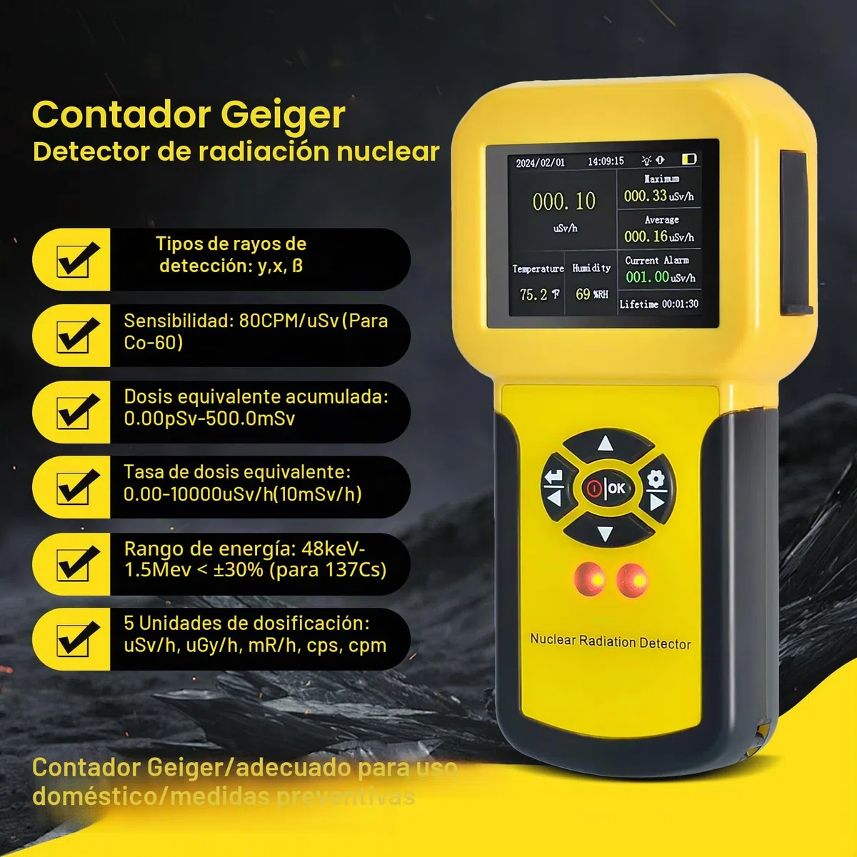 Contador Geiger, Detector de Radiación Nuclear con Pantalla LCD Detector Radioactivo Detecta Beta Gamma Rayos X Nivel CPM c/Alarma, Monitor de Radiación Recargable（Amarillo）