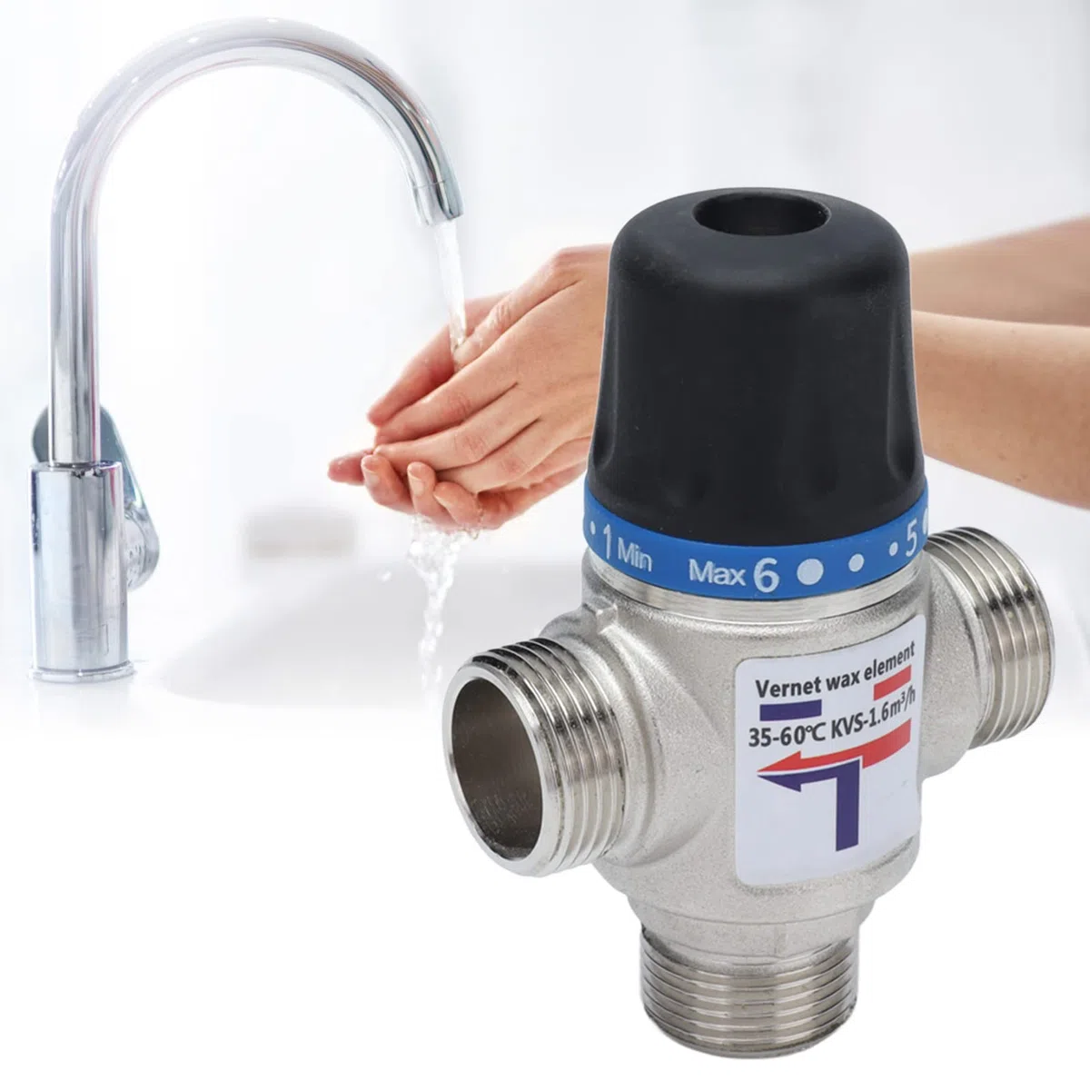 Válvula de agua mezcladora termostática de 3 vías, dispositivo de control de temperatura de corte automático Válvula mezcladora de flujo grande(G3/4")