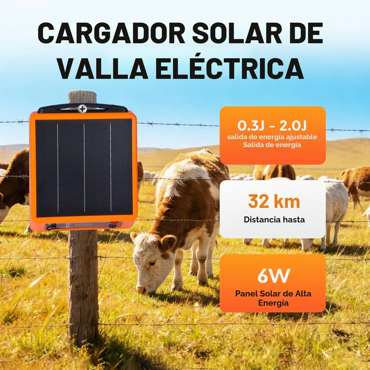 32KM Solar Pastor Electrico, 6-12 kV Pastor eléctrico Controlador para caballos, 2 J Valla eléctrica para cría de animales de pastor, para granja, pasto, jardín (naranja)