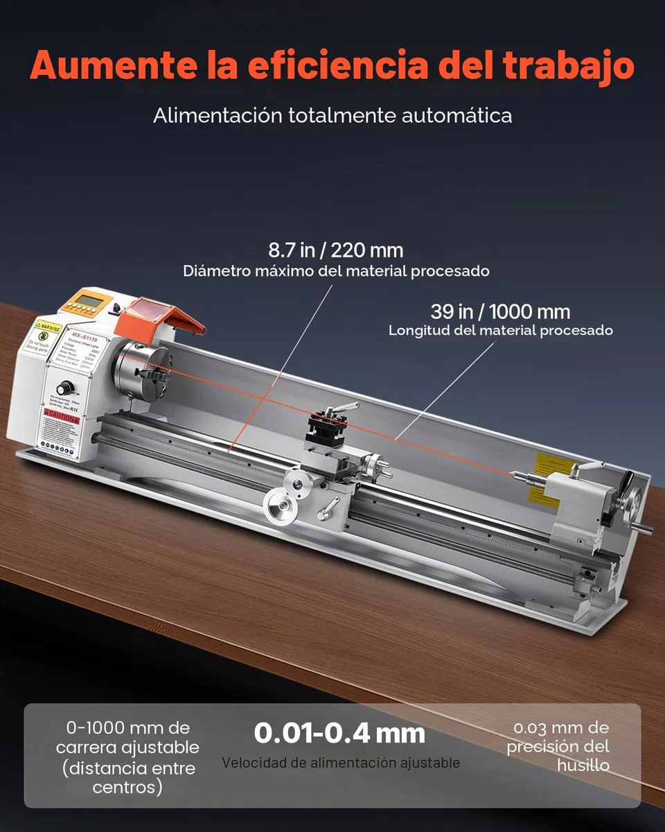 VEVOR Torno de Metal, 220 x 1000 mm Velocidad Variable 2500 RPM, 1250 W Torno de Banco con Alimentación Automática, Sistema de Roscado Electrónico, para Mecanizar Metales Blandos, Plástico