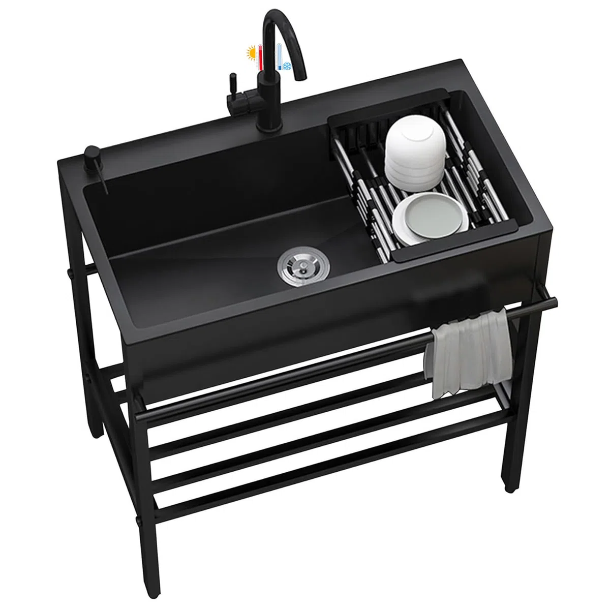 Fregadero de acero inoxidable negro 1 compartimento 80x45x85 cm con grifo y estantes