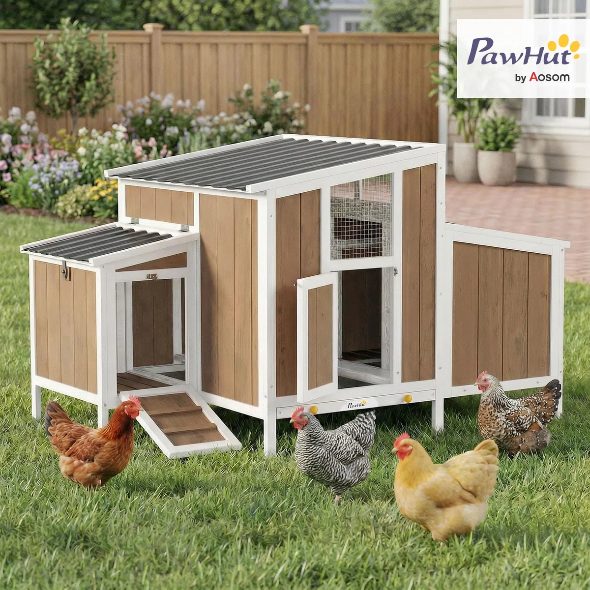 PawHut Gallinero para Exterior de Madera, 145x90x92 cm para 2-4 Gallinas, Gallinero con Nido, Casa Lateral, Bandeja Extraíble, Techo Impermeable, Puertas con Cerradura, Perchas, Conejera, Marrón Claro
