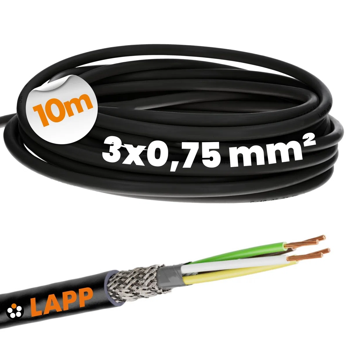 10 metros Lapp 1030531 LiYCY cable de control apantallado 3x0,75 mm² I Resistente a los rayos UV I Cable de señal de 3 hilos I Cable de datos para exteriores I Cable de soldadura